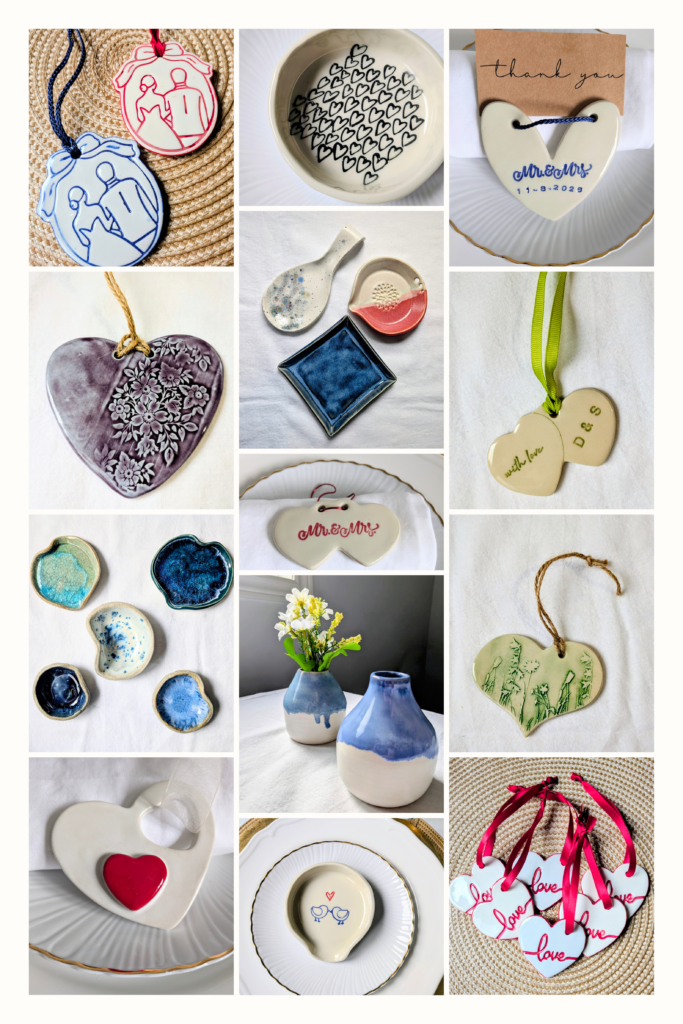 Custom handmade ceramic wedding favors including heart ornaments, ring dishes, mini vases and personalized keepsakes